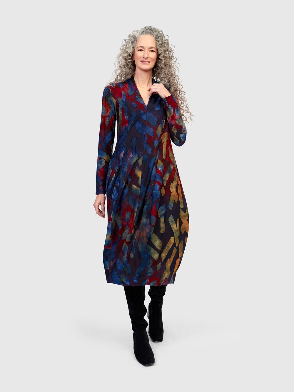 Alembika Sunburst Cocoon Abstract Mid Long Sleeve Dress